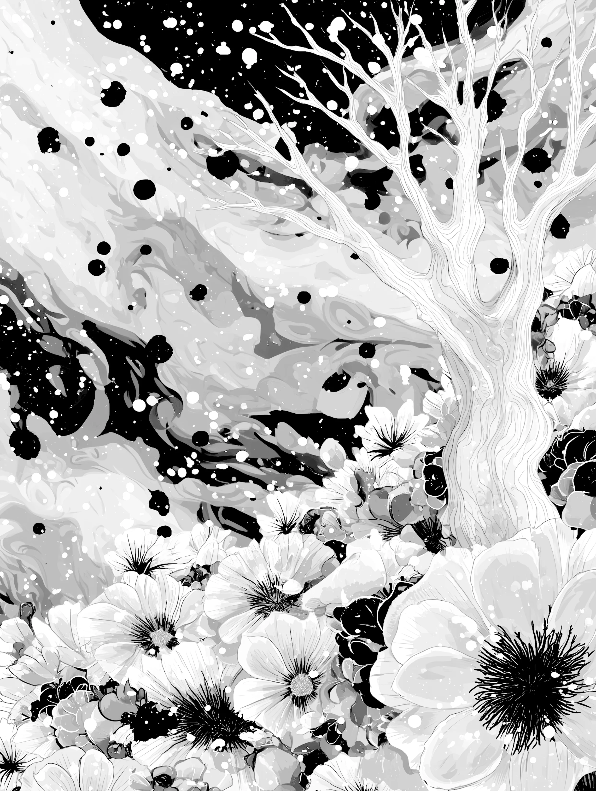 Free printable dead tree coloring page for adults featuring flower field with dead tree